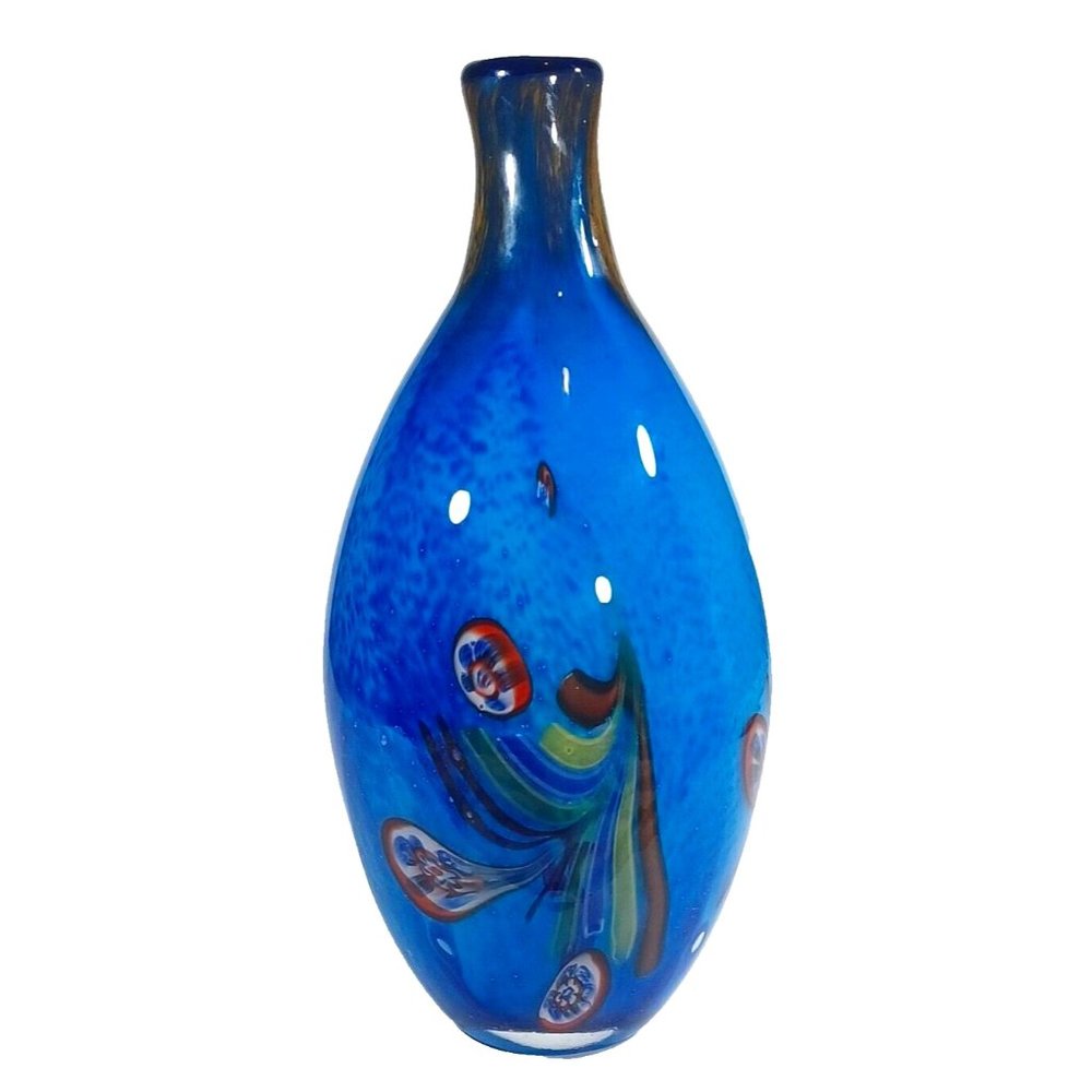 Vintage Murano Millefiori Colorful Bottleneck Art Glass Vase 13.5” X 7" Peacock - Picture 3 of 15